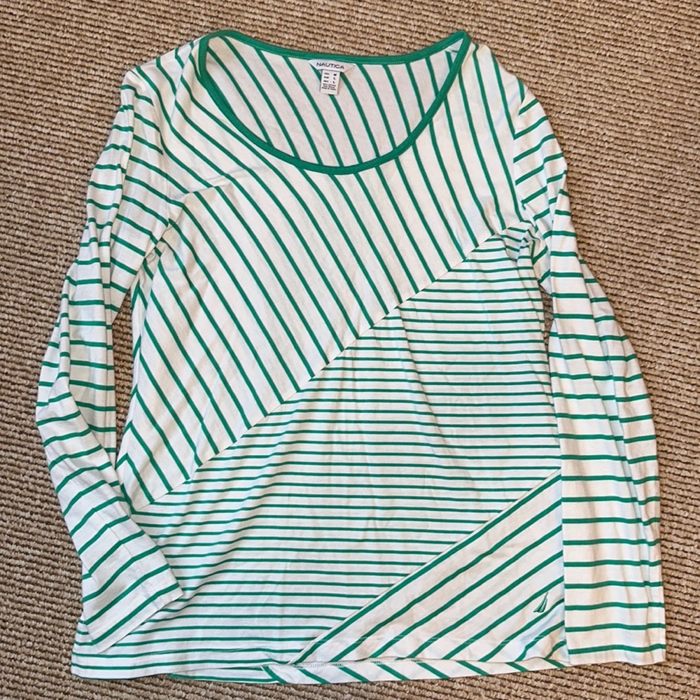 Nautica women's medium long sleeve green and white top